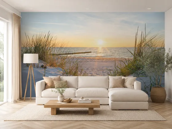 Fototapete Strand mit Sonnenuntergang nach Maß im Wohnzimmer