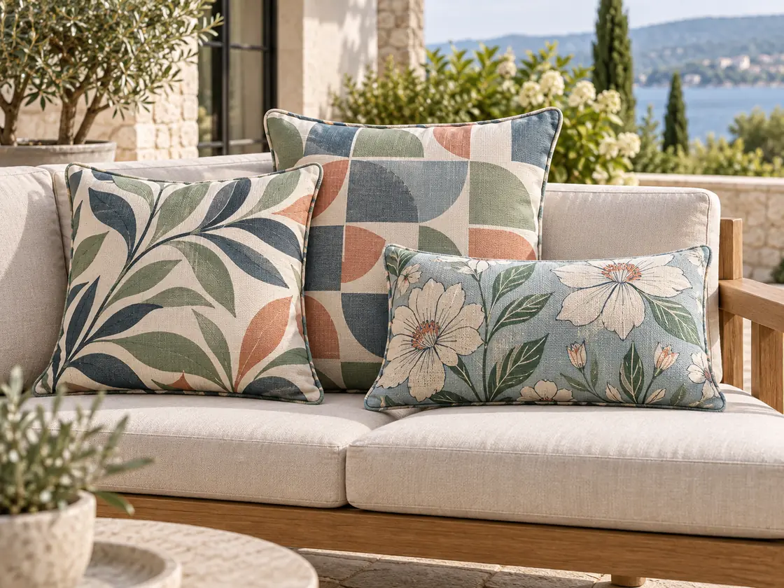 Drei bedruckte Outdoor-Kissen auf einer Gartenbank