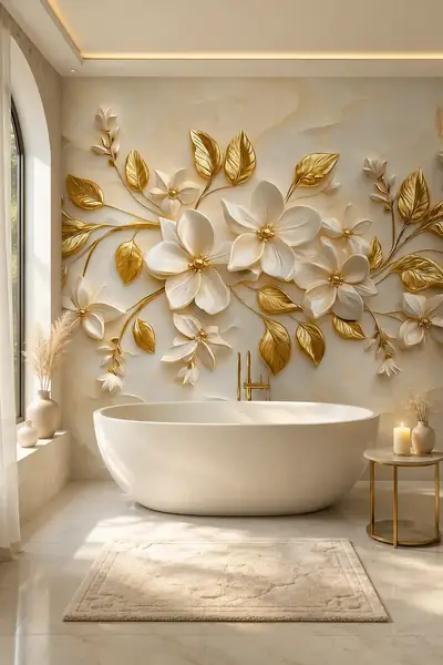 Fototapete mit weißem Blütenrelief und goldenen Blättern in einem Badezimmer mit freistehender Wanne