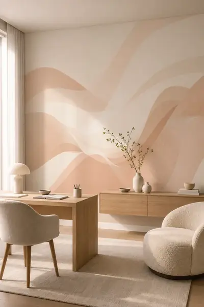 Fototapete mit sanften abstrakten Wellen in Beige und Blush in einem Homeoffice mit Eichenschreibtisch