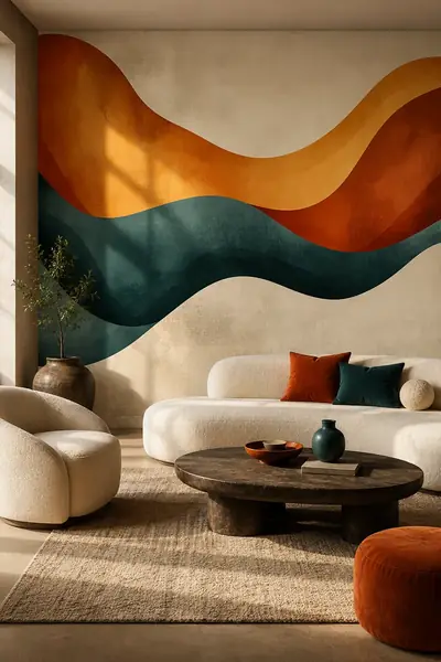 Fototapete mit abstrakten Wellenbändern in Terracotta und Petrolblau in einem Wohnzimmer mit cremefarbenem Sofa