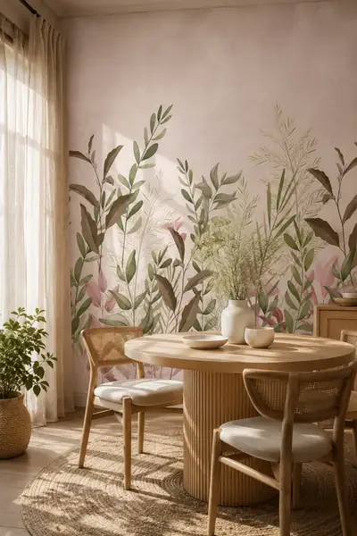 Fototapete mit botanischen Zweigen auf zartem Rosa in einem Esszimmer mit rundem Holztisch