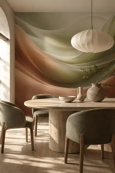 Fototapete mit seidigen Wellen in Salbeigrün und Terracotta in einem Esszimmer mit Travertintisch