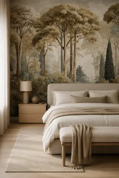 Fototapete mit handgemaltem Wald in Elfenbein und Beige in einem Schlafzimmer mit Leinen-Kopfteil