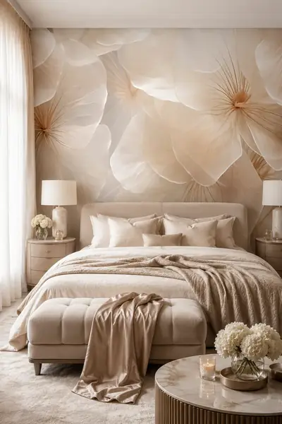 Fototapete mit transparenten Blütenblättern in Beige und Champagner in einem Schlafzimmer mit Marmor-Nachttischen
