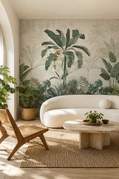 Fototapete mit Vintage-Dschungel und Bananenbaum in einem Wohnzimmer mit runder Bouclé-Couch