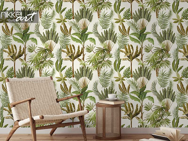Tapeten-Trends 2022 - Tapeten Nahtloses Muster mit exotischen Bäumen wie Palmen und Bananen. Innen Vintage Tapete