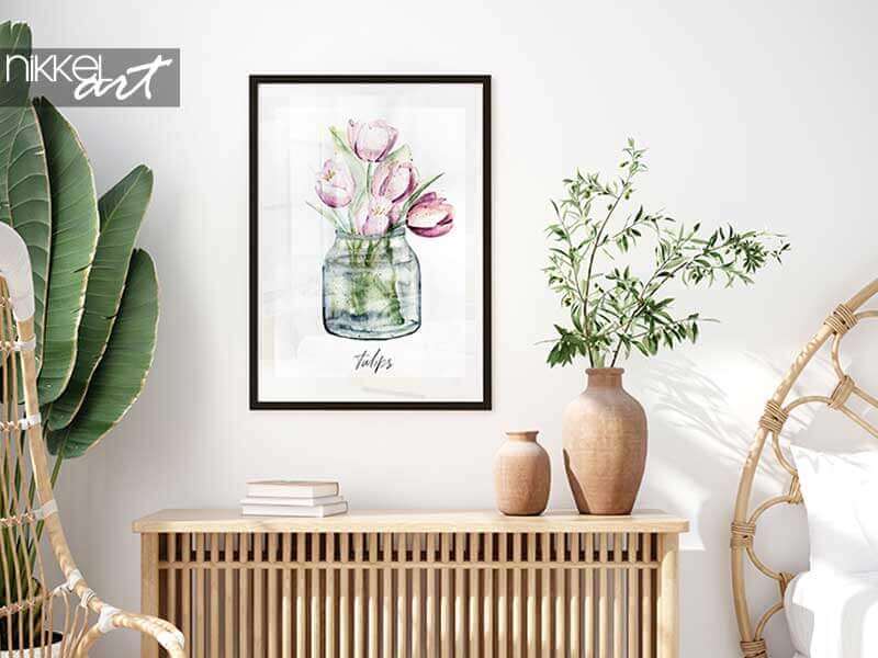 Bilder mit Rahmen Tulpen blühen in der Glasgefäß-Aquarellmalerei. Blumenillustration getrennt auf Weiß. Perfekt für Aufkleber, Poster, Grußdesign