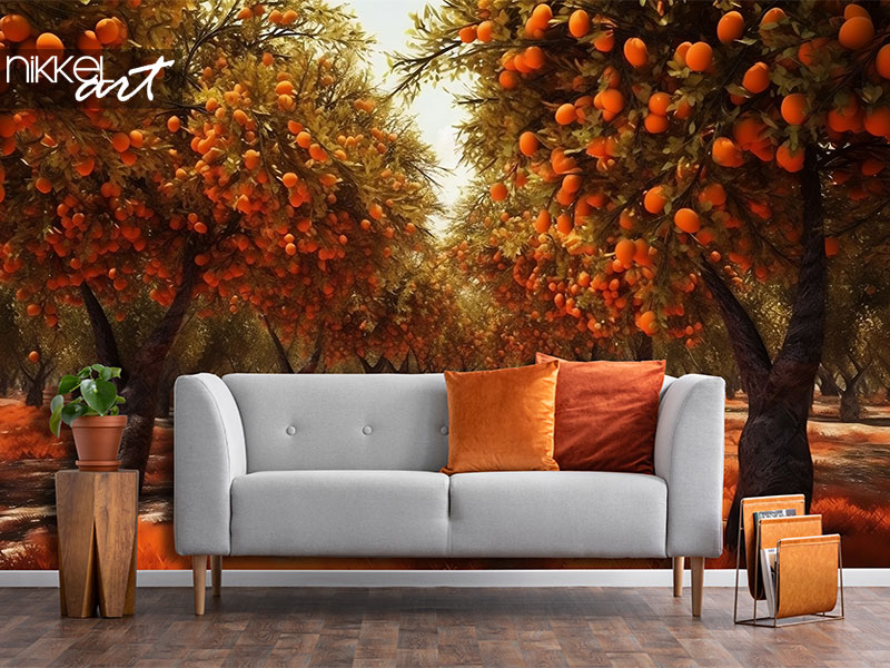 Fototapete AI Generated art of magic orange trees and forest