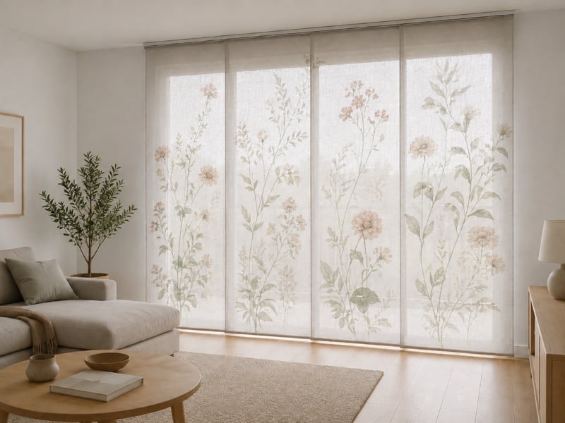 Vier flache Flächenvorhänge mit Blumenmotiv vor einem breiten Fenster, an einer Deckenschiene