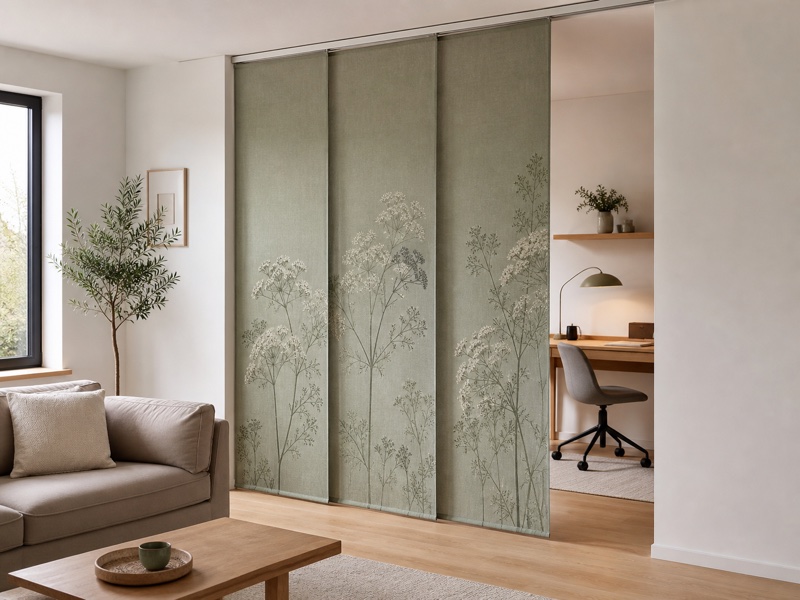 Drei Flächenvorhänge mit Blumenmotiv, die eine Arbeitsecke vom Wohnzimmer trennen