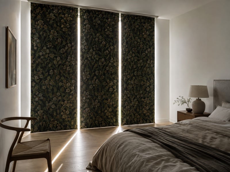 Dunkle Flächenvorhänge mit Blumenmotiv in einem Schlafzimmer, mit sichtbaren Lichtspalten zwischen den Bahnen