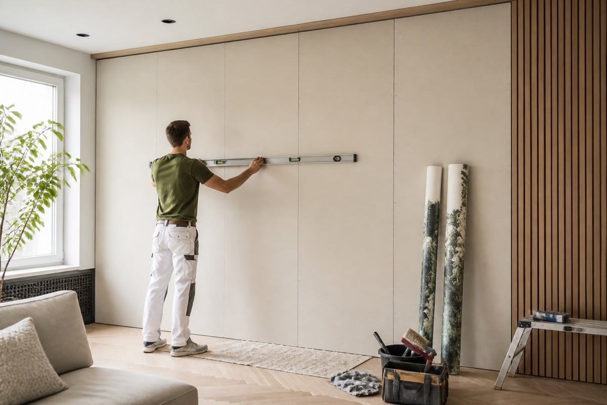 Eine ebene MDF-Wand vor dem Anbringen einer Fototapete kontrollieren