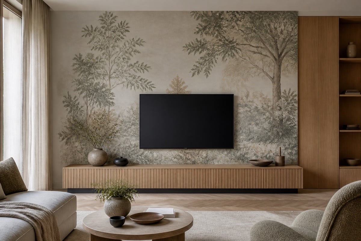 Ruhige Fototapete hinter einem Fernseher in einem modernen Wohnzimmer