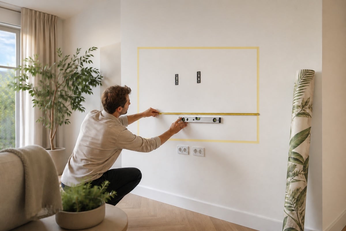 Position von Fernseher und Wandhalterung auf einer Fototapeten-Wand planen