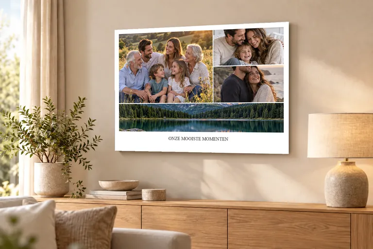 Fotocollage mit Familienbildern auf Acrylglas in einem warmen Wohnzimmer