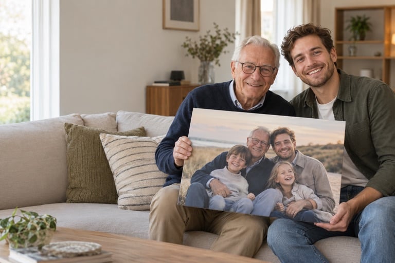 Großvater und Enkel zeigen gemeinsam ein persönliches Familienfoto