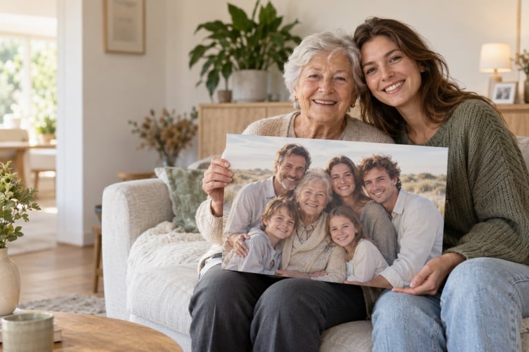 Oma und erwachsene Enkelin zeigen gemeinsam ein persönliches Familienfoto