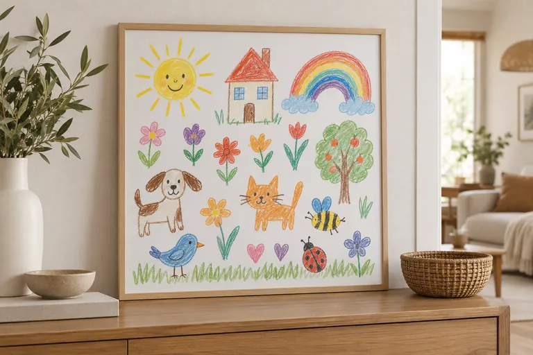 Visualisierung eines gerahmten Posters mit bunten Kinderzeichnungen