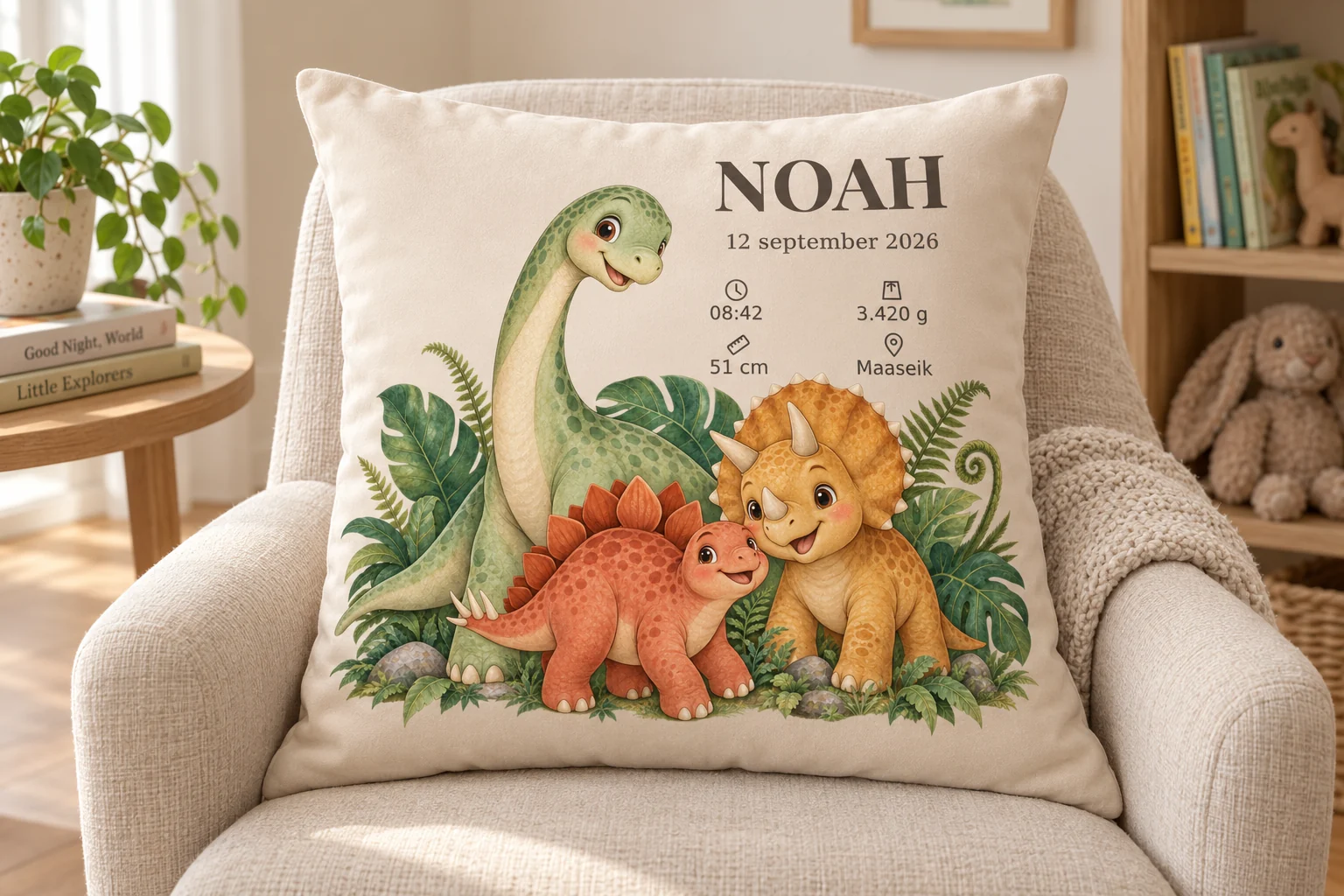 Geburtskissen mit Namen und Dinosauriern auf einem Sessel