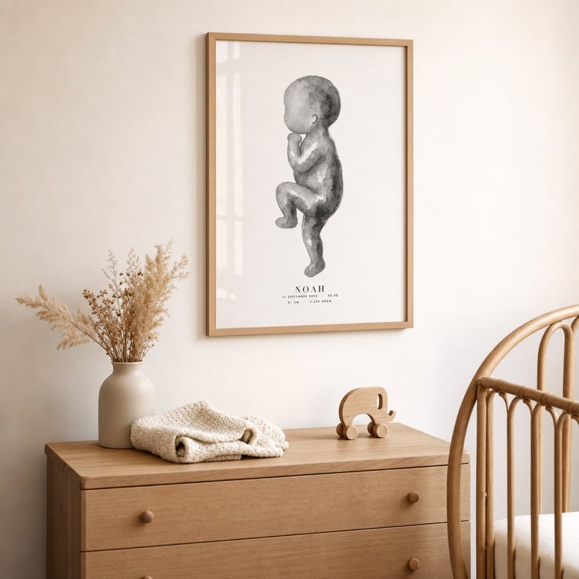 Persönliches Geburtsposter im Eichenrahmen über einer Kommode im Babyzimmer
