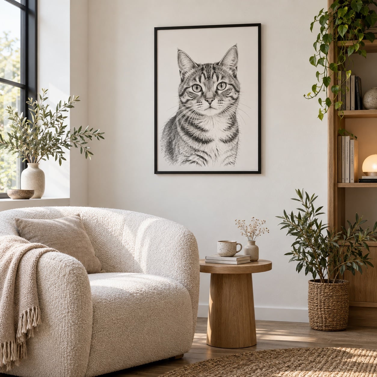 Katzenportrait an der Wand in einer hellen Leseecke