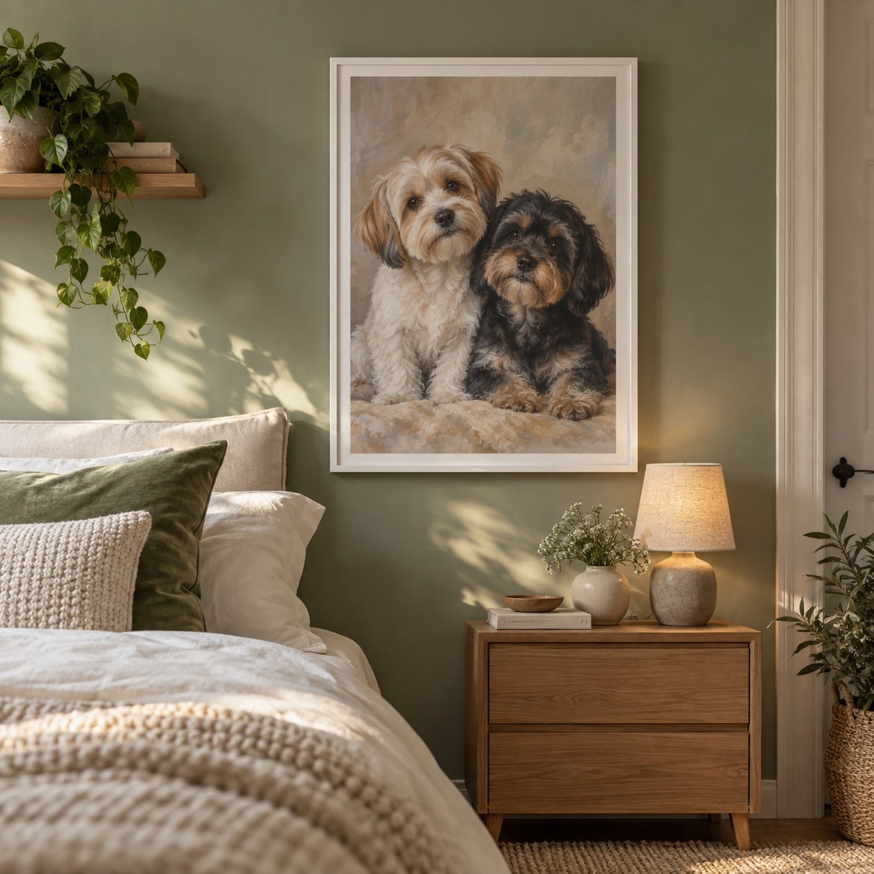 Doppelportrait von Haustieren in einem ruhigen salbeigrünen Schlafzimmer