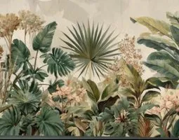 Acrylglasbilder Tropische Pflanzen und üppiges Laub im Vintage-Design, Ölgemälde-Textur, beiger Hintergrund, grüne Blätter, botanisches