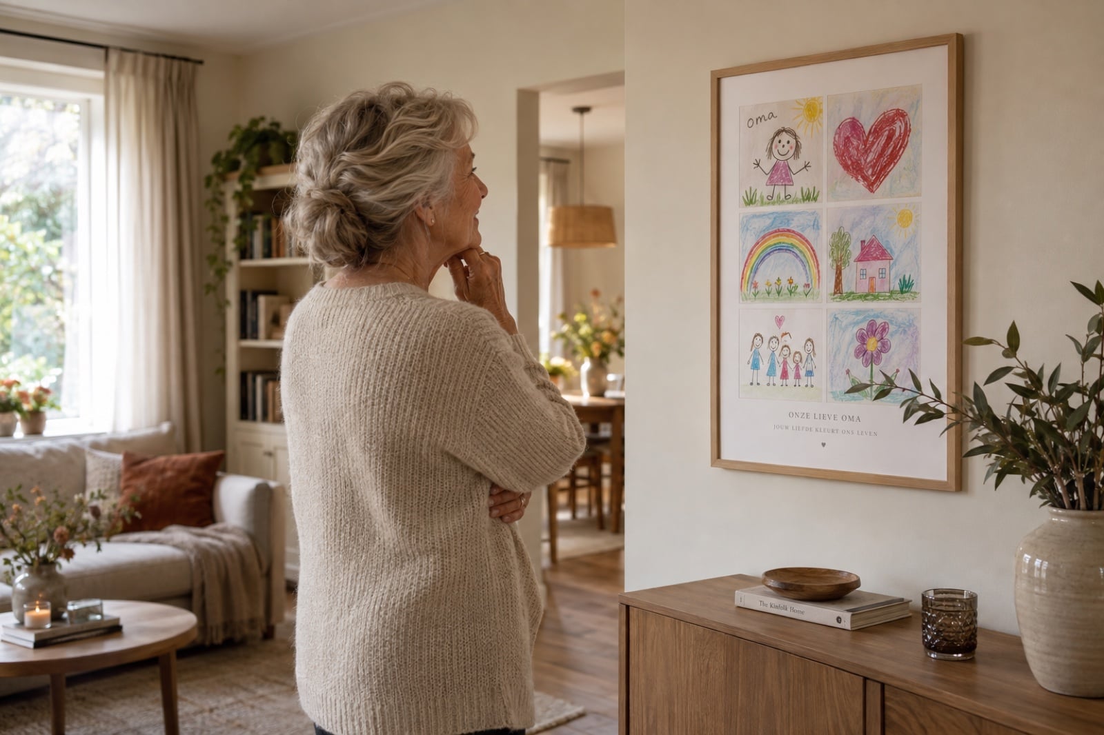 Oma bewundert ein gerahmtes Sammelposter mit Kinderzeichnungen