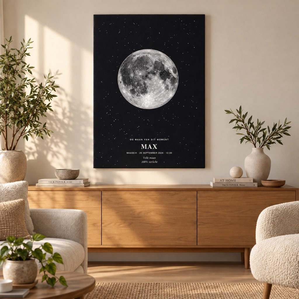 Mondposter im Design Oneindig mit dem Namen Max und Vollmond auf Canvas in einem stilvollen Wohnraum