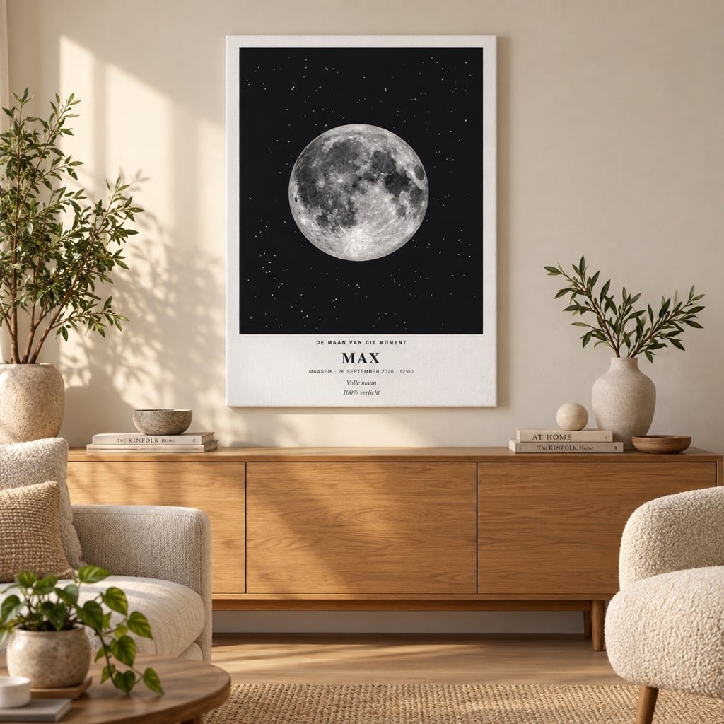 Mondposter Max mit Vollmond auf Leinwand in einem hellen Wohnzimmer