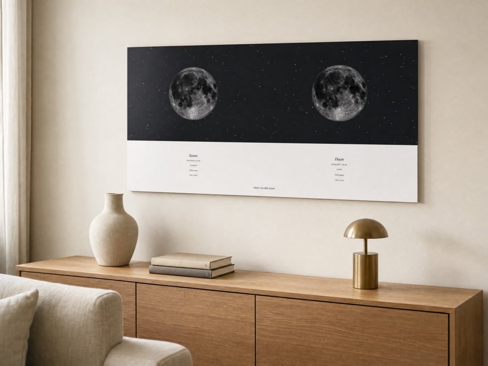 Personalisiertes Mondphasen-Poster mit zwei gut sichtbaren Monden in einem hellen Wohnzimmer